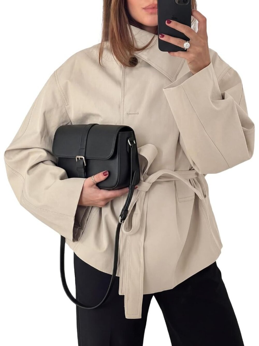 Women's Apricot 100% Polyester High Mock Neck Belted Loose Fit Short Trench Coat